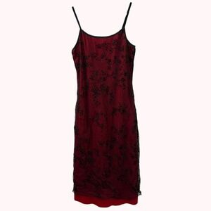 VTG Byer Too! L Red Black Floral Mesh Overlay Slip Midi Dress Y2K